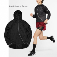 Nike 外套 Shield Running Jacket 女款 黑 防潑水 連帽 不對稱 跑步 反光 CJ5078-010