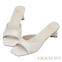 【Grace Gift】小貓聯名-甜甜奶油方塊真皮中跟拖鞋(米白)