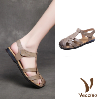 【Vecchio】真皮涼鞋 低跟涼鞋/真皮頭層牛皮復古編織T字帶包頭低跟涼鞋(灰)