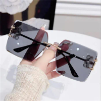 Women Rimless Sunglasses Gradient Color Sun Glasses Anti-UV Spectacles Cut Bowknot Alloy Temple Eyeglasses Square Google