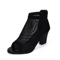 Summer New Fashion Hollow Sexy Boots Women Mesh Thick Heel Sexy Leopard Black Large Sandals Fish Mouth Dance Shoes