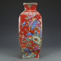 清乾隆琺瑯彩紅地花鳥四方瓶古董古玩收藏真品彩繪花瓶老物件瓷器