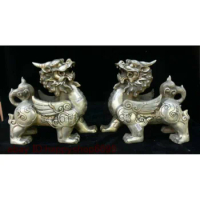 China Dynasty Palace Silver Wealth Pixiu Brave Troops Unicore Beast Statue Pair