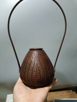 日本回流銅器，昭和時期 日本 銅胎仿竹編花籃 瑞峰造 銅花瓶