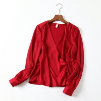 大氣顯白的紅色襯衣 法式對襟式V領休閑長袖緞面襯衫上衣女1入