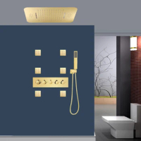 Luxury Gold Brass Bathroom shower faucet set Golden 800*600mm Ceiling install Shower head Thermostatic 4 functions shower set