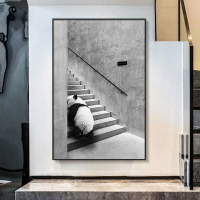 熊貓裝飾畫黑白灰樓梯墻掛畫工業風動物玄關壁畫現代簡約客廳壁畫