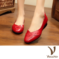 【Vecchio】真皮頭層牛皮葉片造型手工車線低跟單鞋(紅)