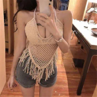 Tassel Lace-up Halter Neck Camisole New Lace Hollow Tube Top Embroidered Vest Retro Built In Bra Short Top