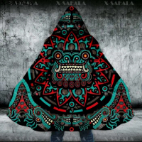Ancient Skull Mexican Aztec Tattoo Mexico Thick Warm Hooded Cloak Men Overcoat Coat Windproof Fleece Cape Robe Hooded Blanket-13
