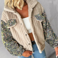 Turn-down Collar Contrast Sequin Patch Teddy Jacket 2023 New Autumn Winter Women's Long Sleeve Colorblock Casual Jacket Coat