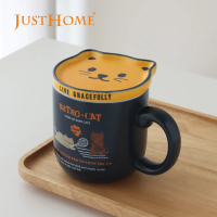 【Just Home】復刻貓陶瓷附杯蓋馬克杯380ml 網球貓(杯子 陶瓷杯 馬克杯)