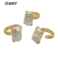 WT-MPR068 Wholesale Delicate Natural Square White Freshwater Pearl Open Size Ring In 18K real Gold P