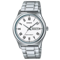 CASIO 簡約風星期日期顯示羅馬指針不鏽鋼腕錶-白(MTP-V006D-7B)/38mm / 考試錶