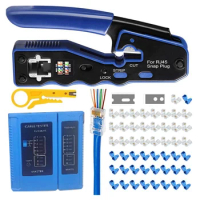 RJ45 Crimping Tool Kit Pass Through Crimper Stripper Cutter Fit For Cat5 Cat6 Pass Through Connector With Cable Tester