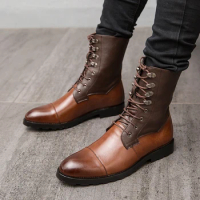 Big Size 48 High Top Leather Shoes Men Pointed Toe Motorcycle Boots New Fashion Man Business Boot Brown Comfortable Army Botas
