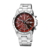 【SEIKO 精工】三眼計時手錶-酒紅色面X銀色38mm SBTQ045