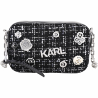 KARL LAGERFELD K/Pins 徽章鈕釦羊毛呢拼接皮革斜背相機包(黑色)