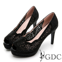 GDC-華麗時尚簍空雕花水鑽波浪魚口高跟鞋-黑色