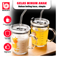 (Beckler's) 2PCS Gelas Anak Motif Animal Kaca Bening dengan Gagang Gelas Anak Tutup Anti Bocor 400ml