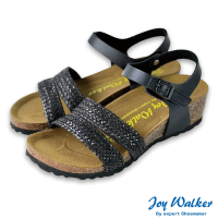 Joy Walker 雙帶編織 楔型 露趾 軟木涼鞋 黑色 圓頭 素面厚底 合成皮革 繞踝 休閒舒適 柔軟鞋墊 1470P
