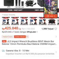 JLD impact wrench brushless 88VF bor batre 13mm bor pembuka baut 350NM