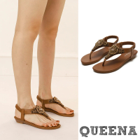 【QUEENA】坡跟涼鞋 串珠涼鞋/波西米亞民族風閃耀串珠幾何圈圈坡跟涼鞋(棕)