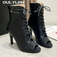 Boots Female NEW Spring Summer Thin Heel Hollow Dance Shoes Women's Lace up Jazz Dance High Heels 35-42 Size Large Shoes
