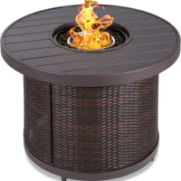 32in Round Gas Fire Pit Table, 50,000 BTU Outdoor Wicker Patio Propane Firepit w/Faux Wood Table Top, Glass Beads, Cover