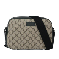 【GUCCI 古馳】GG Supreme 塗層帆布及皮革中款相機包(米色/黑色)