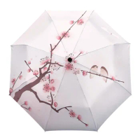 Pink Flower Tree Bird Sparrow Ink Style Automatic Eight Bone Foldable Rain Umbrella Wind Rain Resistance Outdoor Bumbershoot