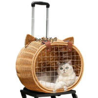 Trolley Case Bag Portable Rattan Cat Stroller Breathable Cat Cage Cat Box