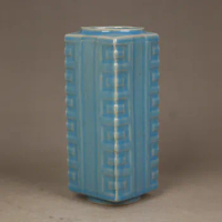 Chinese Song Chai Kiln Blue Glaze Porcelain Square Shape Vase 6.90 inch