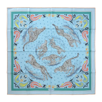 【Hermes 愛馬仕】Guepards Bandana 90 手工捲邊斜紋真絲雙面方巾(冰藍/綠)