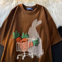 New 2023 Spring American Retro Cotton Short-sleeved T-shirt Women Men's Ins High Street Loose Rabbit Carrot Print Casual T-shirt
