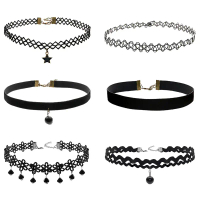 6pcs ผู้หญิงสีดำกำมะหยี่สร้อยคอสาวลูกไม้ลูกไม้ลูกโซ่รอยสักสร้อยคอจี้