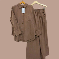 Setelan Celana One set Celana kulot kemeja tangan panjang wanita bahan katun linen ukuran besar jumb