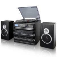 Trexonic 3-Speed Turntable with CD Player, Dual Cassette Player, BT, FM Radio &amp; USB/SD Recording and Wired Shelf Speakers