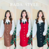 RADA  STYLE  T158  Dress แขนยาว แต่งกระดุมหน้า งานเข็มกลัดดอกไม้ ผ้าวูลเวฟ