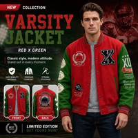 Jaket Varsity Pria Red Green | Bomber Jacket Baseball Premium | Jaket Casual Streetwear American Foo