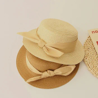 Bow Kids Straw Sun Hats Children's Sunscreen Hat for Spring Travel Girls Summer Straw Hat for UV Protection Bowtie Straw Hat