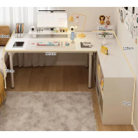 學習辦公桌子L型書架（白色桌+白八格櫃）