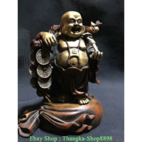 7" Old Chinese Red Bronze Gilt Stand Happy Laugh Maitreya Buddha Wealth Statue