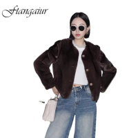 Ftangaiur Winter Coat For Women Import Velvet Mink Fur Coat Women's Full Sleeve Retro O-Neck Solid Short Real Mink Fur Coats