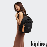 Kipling 率性玫瑰金細節黑色時尚拉鍊大開口後背包-DELIA M