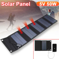5V 50W Foldable Solar Panel USB Solar System Cells Phone Charger Solar Battery Module Power Bank for Phone Camping Emergency