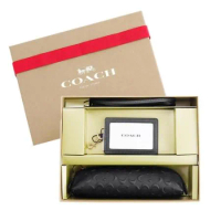 COACH 浮雕C皮革筆袋/頸掛證件套禮盒(黑)