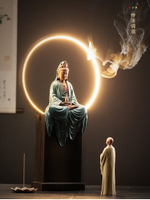 新中式led燈圈觀世音菩薩禪意佛像擺件客廳家用供奉裝飾品工藝品