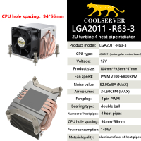 COOLSERVER R63 2U Server CPU Cooler 4 Heats Workstation Radiator Computer Cooling Fan for In LGA2011