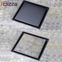 100% Brass Black Shower Drain Invisible Bathroom Ducha Drains Cover Trap Tile Insert Square Anti-odor Floor Waste Grates 10X10cm